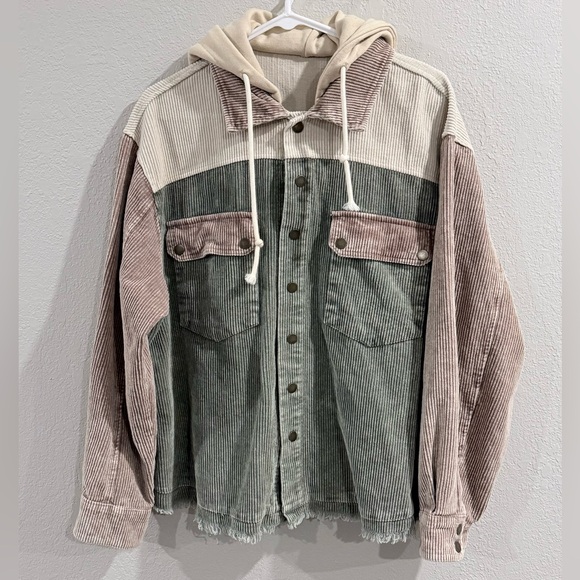 Boutique Jackets & Blazers - Boutique Corduroy Color Block Jacket Women's Cream Green Brown Button Up Size XL